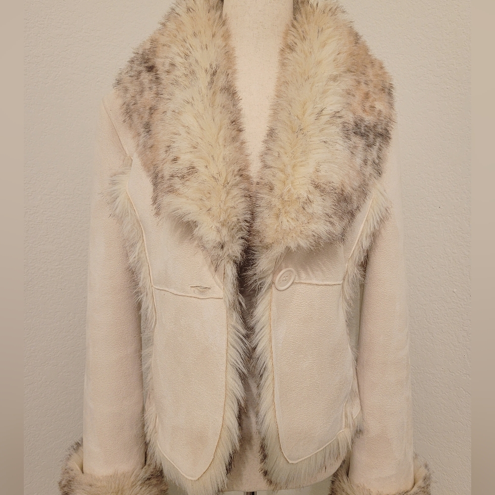 bebe Cream Suede Teddy Jacket with Faux Fur Trim Collar and Wrists